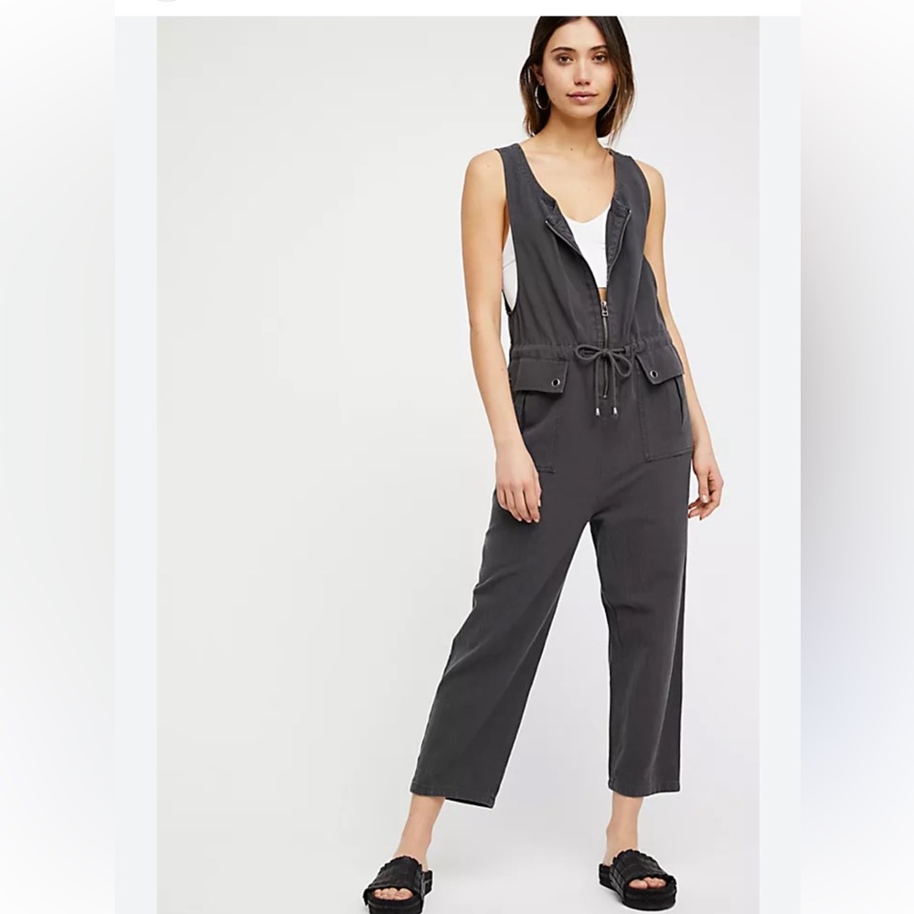 Free People Charcoal Sleeveless Zip-Front Utility Jumpsuit